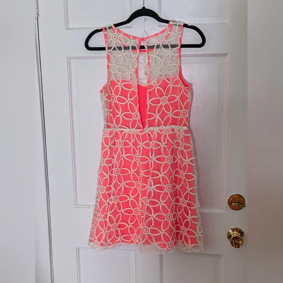 Anthro Coincidence & Chance Neon Coral Lace Fit & Flare Dress Size 6 - Picture 5 of 5